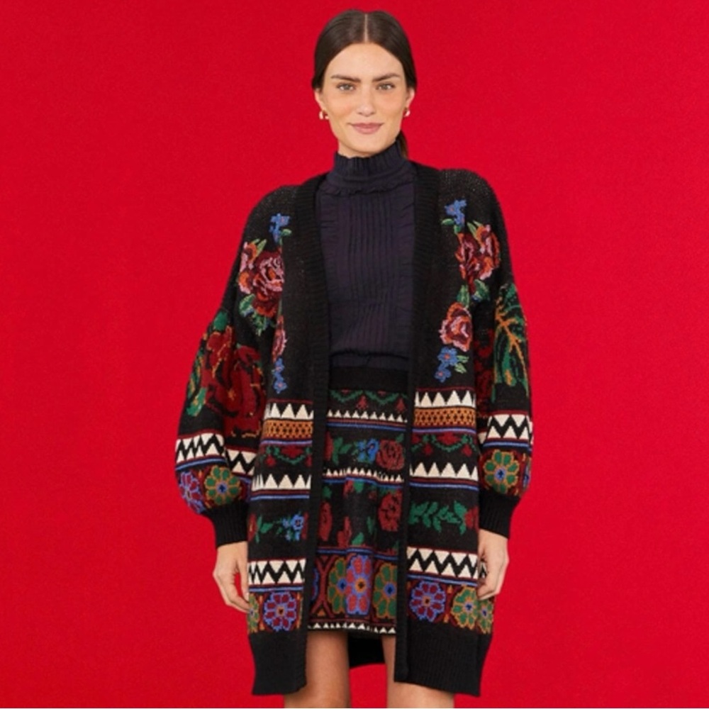 FARM Rio Black Floral Embroidered Chunky Cardigan with Red & Blue Roses - Picture 5 of 15